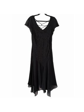 Vintage S.L. Fashions Dress Size 8 Black Beaded Handkerchief Whimsigoth Midi